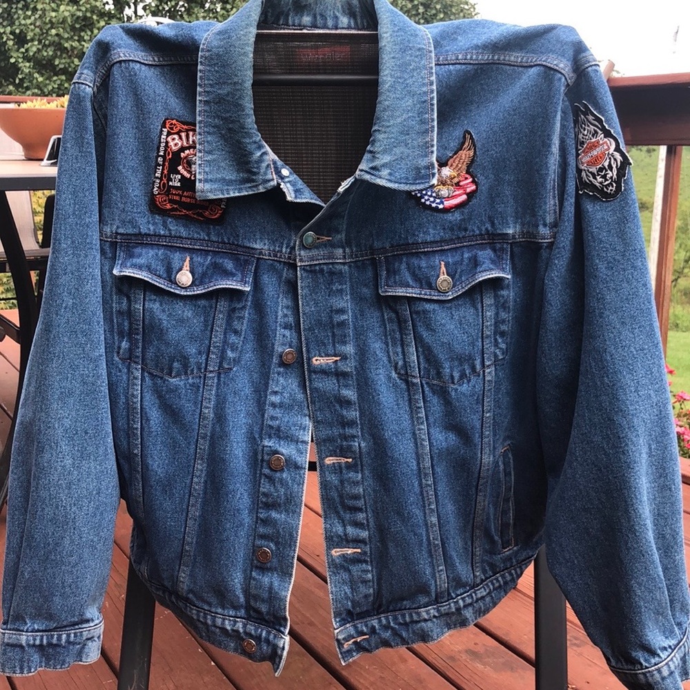 Mens Wrangler Denim Moto Jacket w Large Harley Davidson Eagle patch on back 3X